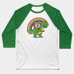 A Cat RIding A Dinsaur Rainbow Background Funny Cartoon Baseball T-Shirt